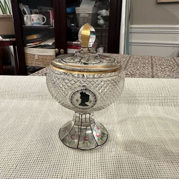 Antique European Cut‎ Glass Covered Candy Nut Compote Handpainted RARE - Picture 1 of 10